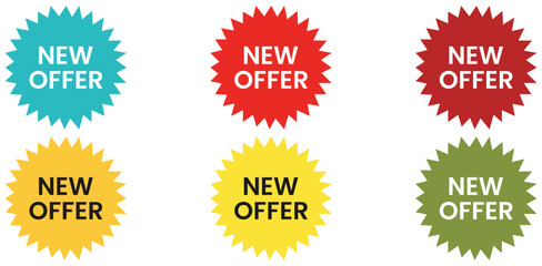 A collection of six colorful new offer burst stickers on a white background illustration sale banner