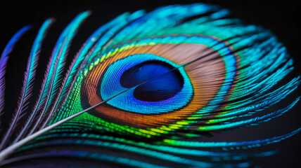 Fototapeta premium Macro closeup of a vibrant, iridescent peacock feather eye pattern in detail