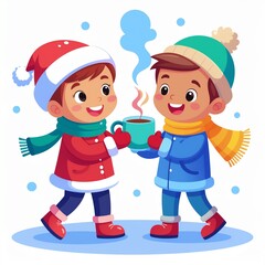 Naklejka premium Adorable children sharing warm cocoa on a snowy day, celebrating winter with joy and friendship, perfect for holiday season designs and heartwarming projects