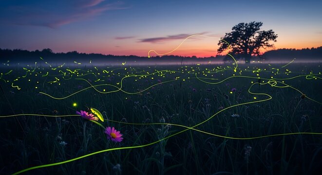 Fireflies lighting up a field at twilight