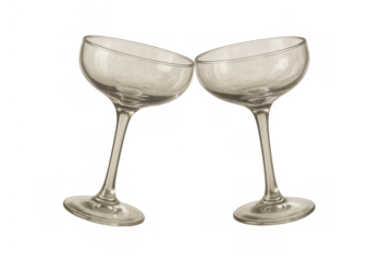 Two vintage champagne coupes clinking, celebrating success, a retro drawing of drinkware for festive toasts on transparent background