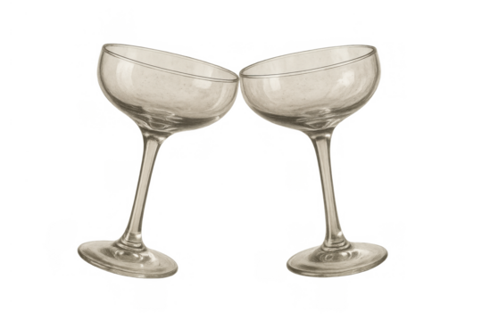 Two vintage champagne coupes clinking, celebrating success, a retro drawing of drinkware for festive toasts on transparent background