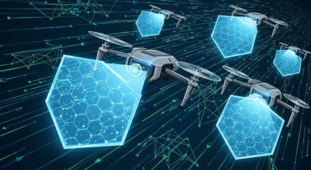 Futuristic Drones Flying with Digital Hexagonal Data Interfaces.
