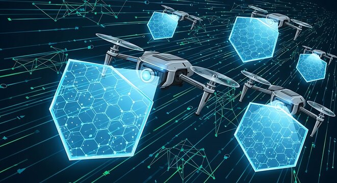 Futuristic Drones Flying with Digital Hexagonal Data Interfaces. - Powered by Adobe