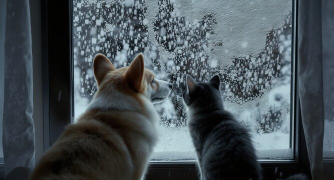 Two Pets Cats and Dog Watching Snow Falling Outside Window in Cozy Home Setting - Powered by Adobe