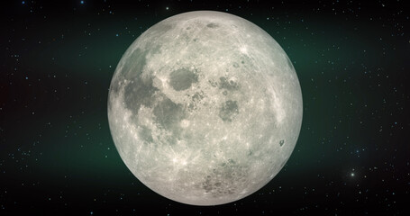 Moon with detail surface. Rotating planet in space with stars. Backdrop for astronomy, universe, space.