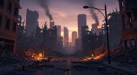 Apocalyptic Cityscape - Devastation and Destruction in a Ruined Urban Environment.