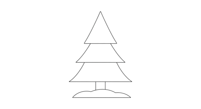A simple line drawing of a christmas tree with snow at its base
