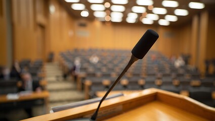 Microphone on a podium in an empty lecture hall, ready for a speech or presentation