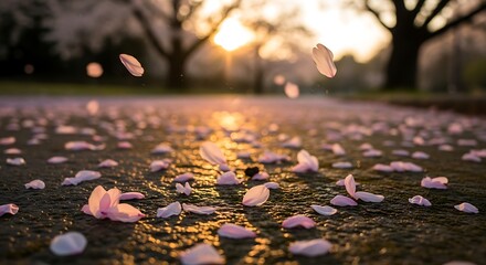 Cherry blossom petal fall at sunset