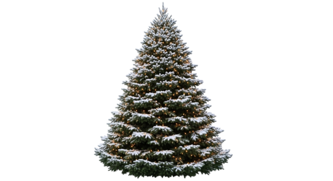 A tall, snowcovered christmas tree with lights