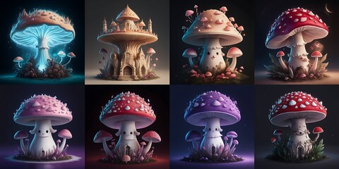 Fantasy mushrooms glowing in a dark forest, whimsical toadstools, vibrant nature scene