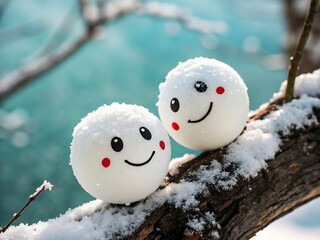Cheerful Snowball Friends on a Frosty Branch