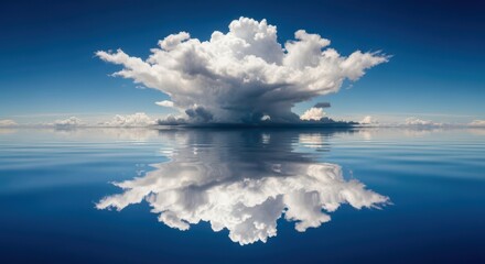 Fototapeta premium Celestial Symmetry: Massive Cumulus Cloud Reflected in Perfectly Still Blue Water Horizon