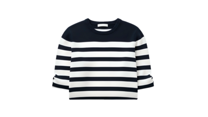 Cropped navy and white striped sweater with wide, elbow-length sleeves, isolated on black