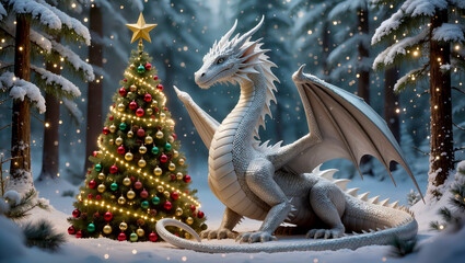 A white dragon in a forest next to a Christmas tree.