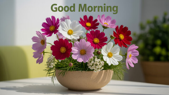 Vibrant bouquet of colorful cosmos flowers in a beige pot with good morning text