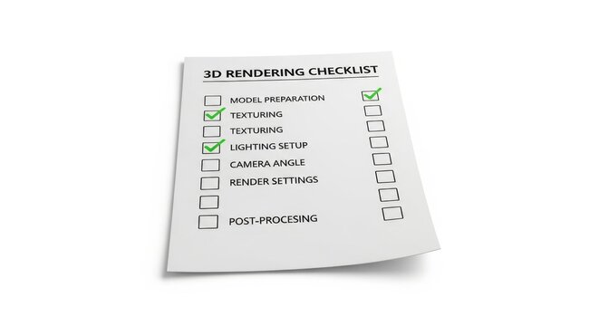 3D Rendering Checklist: A structured workflow process with completed stages for optimal efficiency