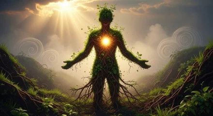 Stickers Meisjeskamer Surreal silhouette of a human made of tree roots with a glowing heart in nature  © DreamLab