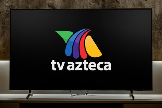 Flat-screen TV set displaying logo of Television Azteca