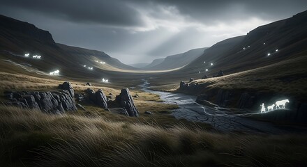 Dramatic mountain valley with glowing lights