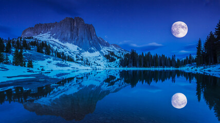 Stunning full moon night reflection over a snowcovered mountain and calm lake