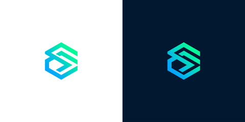 Abstract hexagonal shape geometric logo design with gradient blue and green colors on white and dark blue backgrounds