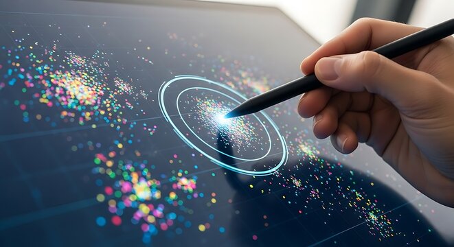 Creating Digital Artwork: Person's Hand Using Stylus on a Tablet Displaying Abstract Colorful Dots.