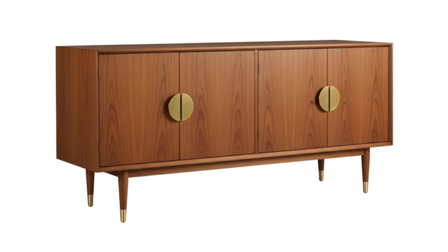 A wooden sideboard with two pairs of doors and gold-toned circular handles and leg tips
