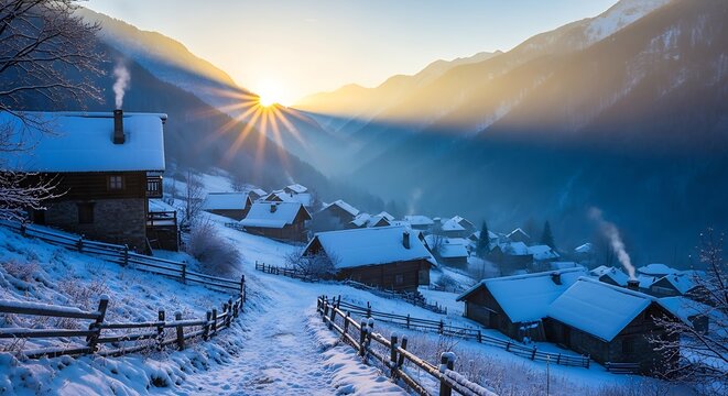 Winter sunrise over a snowy mountain village - Powered by Adobe