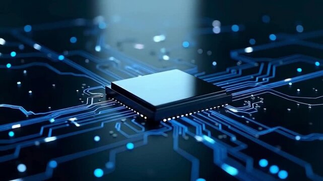Advanced microchip processor glowing with futuristic blue circuitry, digital data connections, high-tech circuit board animation, modern semiconductor technology background