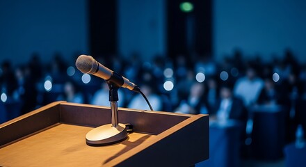 Professional microphone on a wooden stand at a conference stage, awaiting a speaker in a dimly lit hall