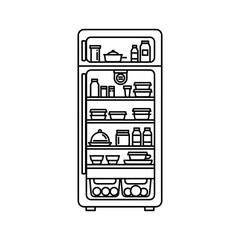 Outline drawing of an open refrigerator filled with various food items and containers on shelves