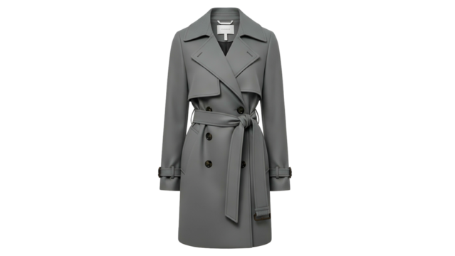 A tailored grey trench coat, double-breasted with belt and classic lapels, isolated