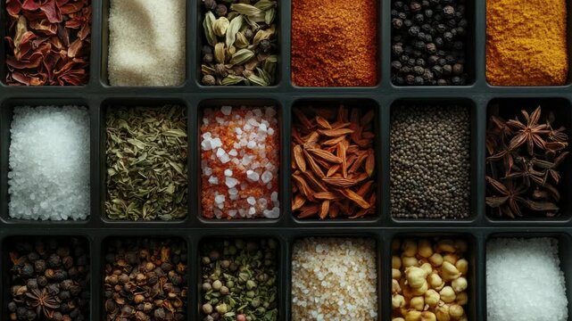 Video A colorful tray filled with various spice types