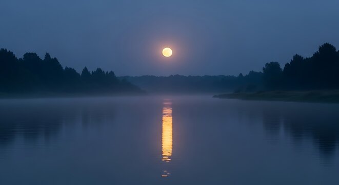 Full moon reflection on misty river at night - Powered by Adobe