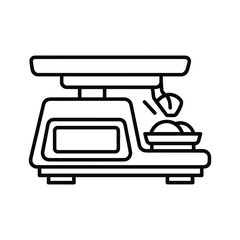 Line art icon of a digital kitchen scale with ingredients being weighed, perfect for cooking and baking concepts