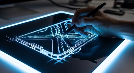 Creative designer hand drawing a digital product sketch with a stylus pen on a glowing screen.