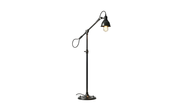 Black adjustable industrial floor lamp against a black background