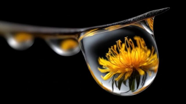 A single water droplet, showing a yellow flower within, suspended on a black background