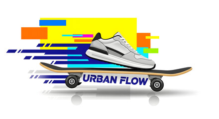 Realistic sneaker on skateboard vector illustration with abstract geometric background and dynamic motion lines