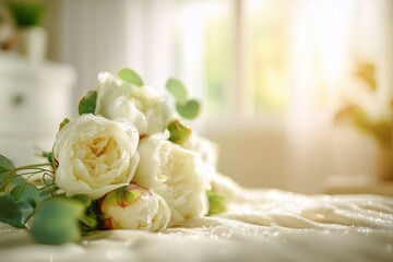 Two champagne glasses with white roses and candles on elegant table setting, romantic wedding celebration or anniversary toast concept