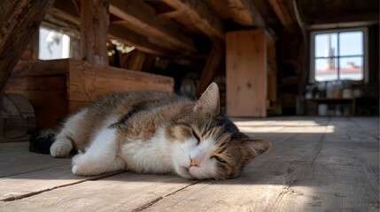 A domestic tabby cat naps peacefully on the wooden floor of a sun drenched rustic attic