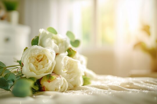 Two champagne glasses with white roses and candles on elegant table setting, romantic wedding celebration or anniversary toast concept