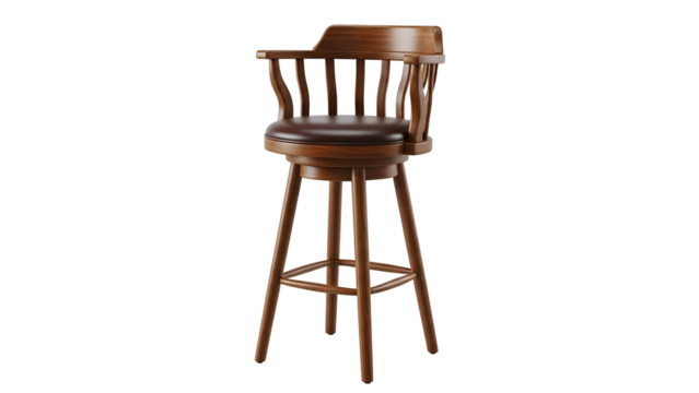 A wooden bar stool with a brown leather seat, arms, and a curved back, on black