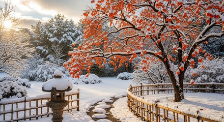Naklejka premium Snow covered Japanese garden with orange persimmon fruit tree and stone lantern