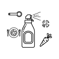 Fototapeta premium A collection of black and white line art icons depicting food, cooking, cleaning, and data elements