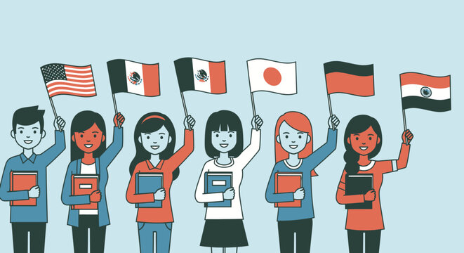 Diverse group of international students holding flags and books, symbolizing global education and cultural exchange. - Powered by Adobe