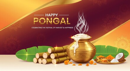 Happy pongal festival celebration with sugarcane and pot of rice