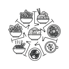 Circular arrangement of various healthy food bowls and dishes, representing a diverse menu or meal options in line art style